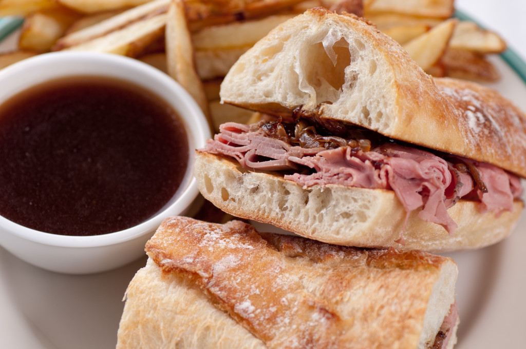 Classic french dip au jus or beef dip with fries