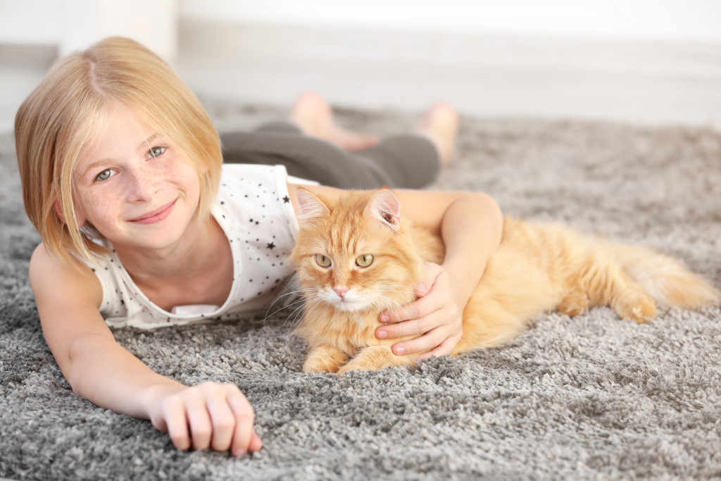 A well-groomed cat beside a young girl