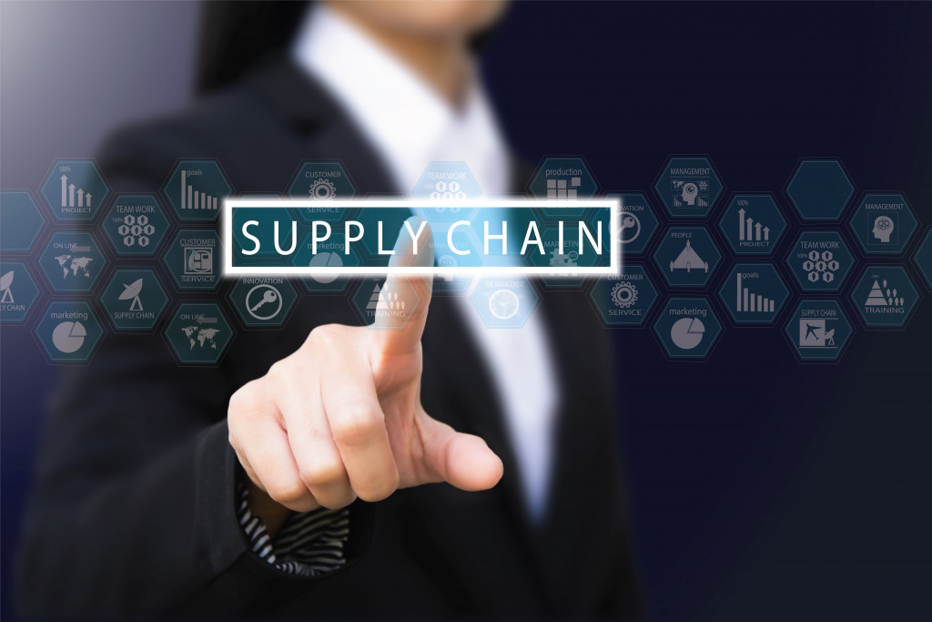 businesswoman touching supply chain icon in a hologram